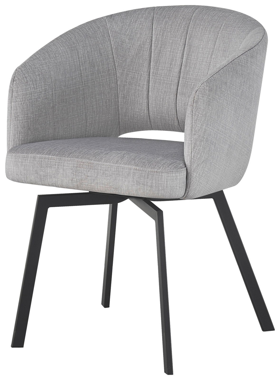 Grauer Armlehnstuhl mit gepolsterter Sitzfläche und Rückenlehne, schwarzes Metallgestell, seitliche Perspektive
