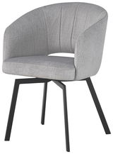 Grauer Armlehnstuhl mit gepolsterter Sitzfläche und Rückenlehne, schwarzes Metallgestell, seitliche Perspektive