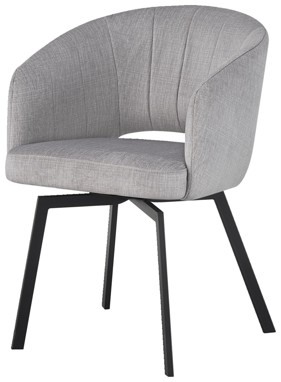 Grauer Armlehnstuhl mit gepolsterter Sitzfläche und Rückenlehne, schwarzes Metallgestell, seitliche Perspektive