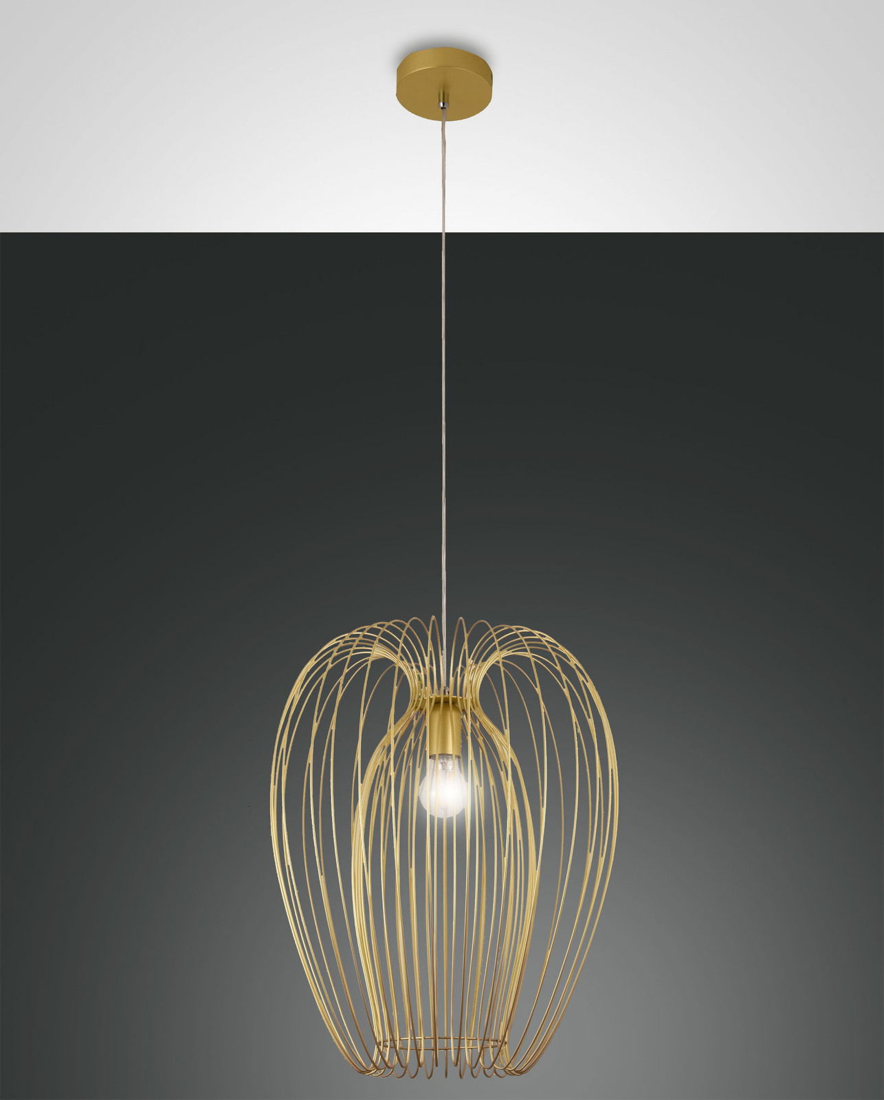 Goldene Pendelleuchte mit filigranem, käfigartigem Design, von der Decke hängend, seitliche Perspektive.