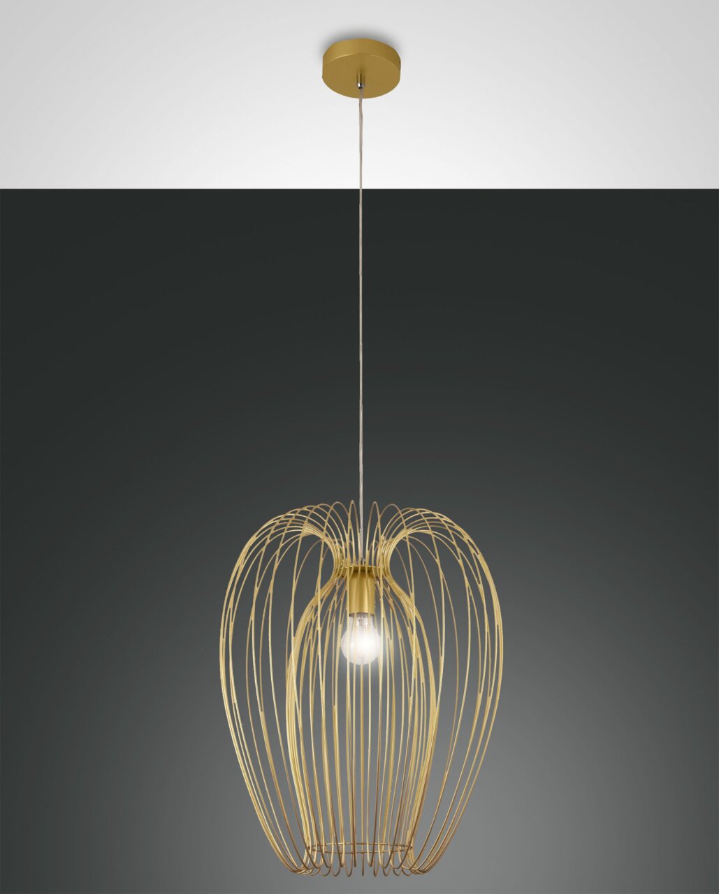 Goldene Pendelleuchte mit filigranem, käfigartigem Design, von der Decke hängend, seitliche Perspektive.