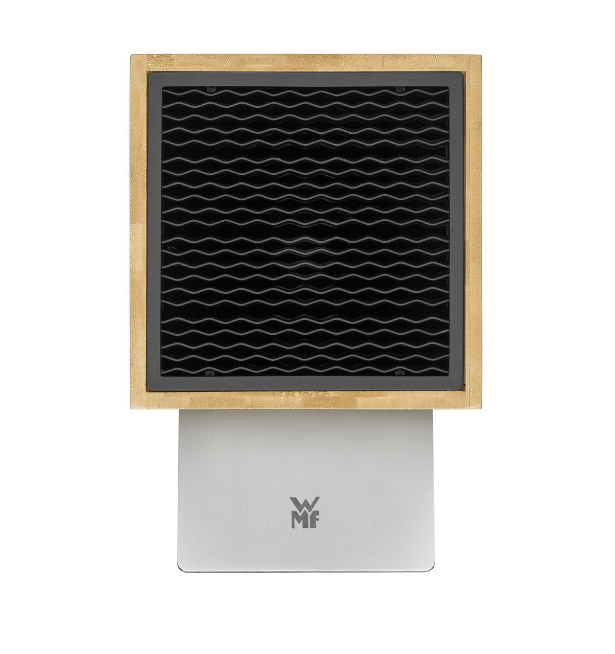 Vorderansicht eines modernen Messerblocks mit Holzrahmen und schwarzer Oberfläche, montiert auf einem silbernen Sockel mit WMF-Logo.