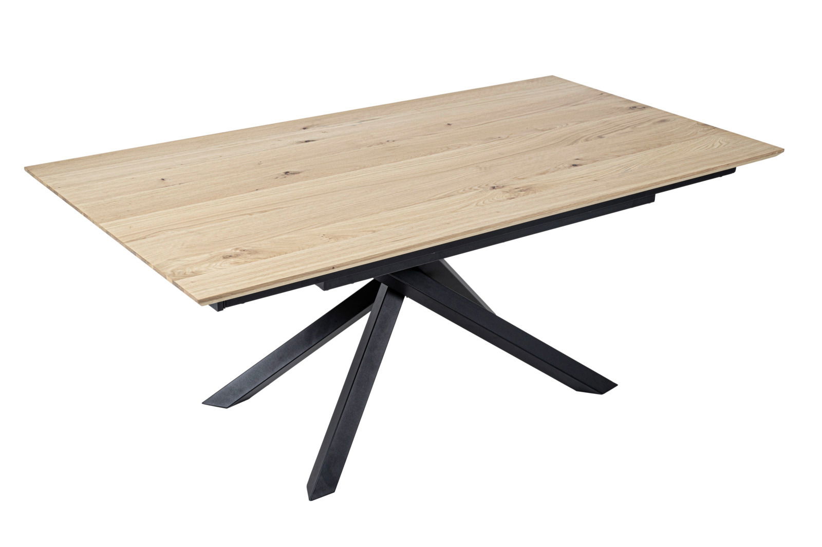 Moderner Esstisch mit heller Holzplatte und schwarzem Metallgestell, seitliche Perspektive