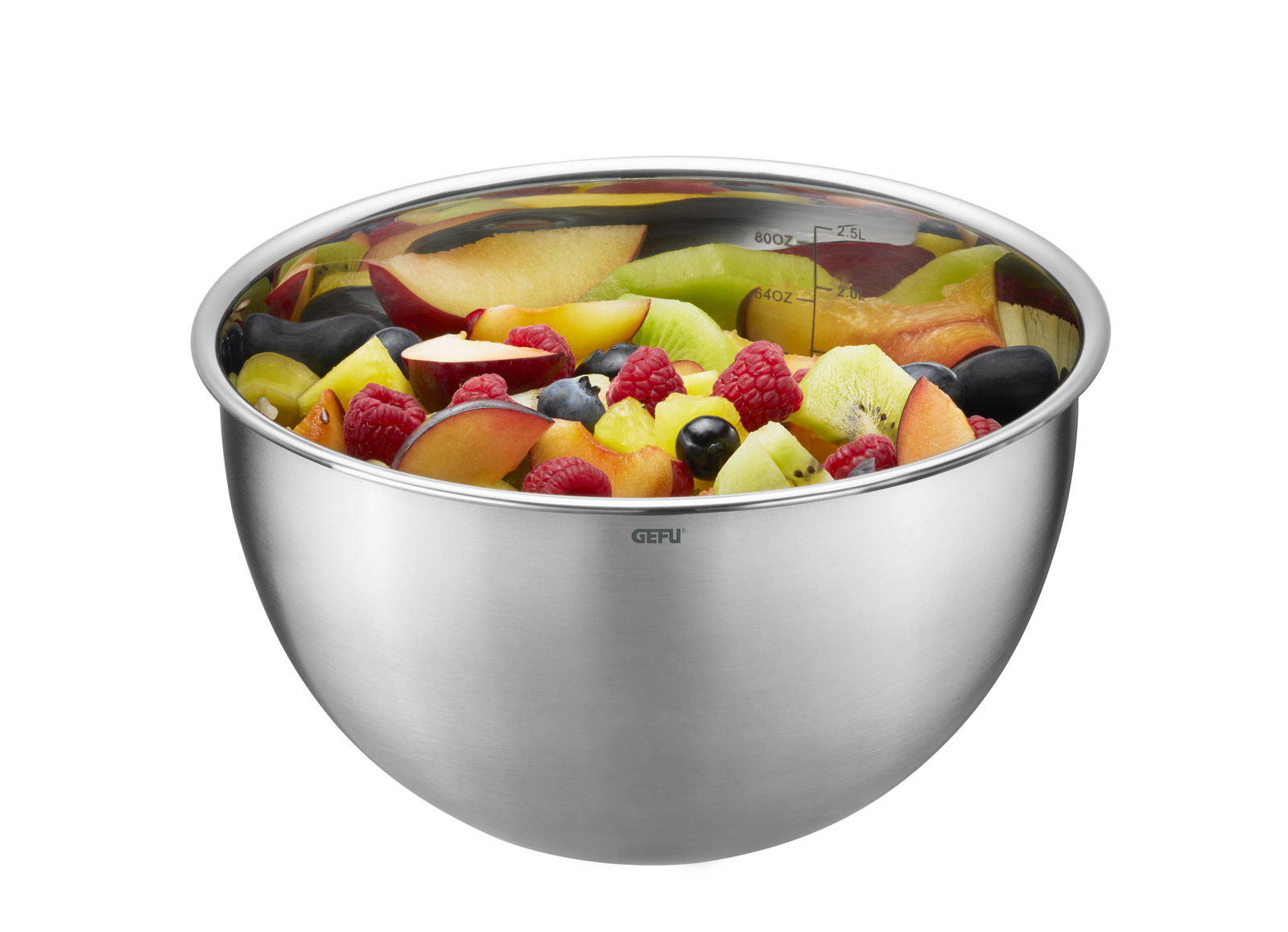 GEFU Schüssel-Set 3-tlg. MONDI Edelstahl-Schüssel mit frischem Obstsalat, seitliche Perspektive