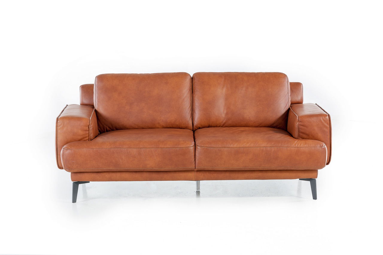 Zweiersofa aus braunem Leder, frontal fotografiert, mit modernen Metallfüßen.