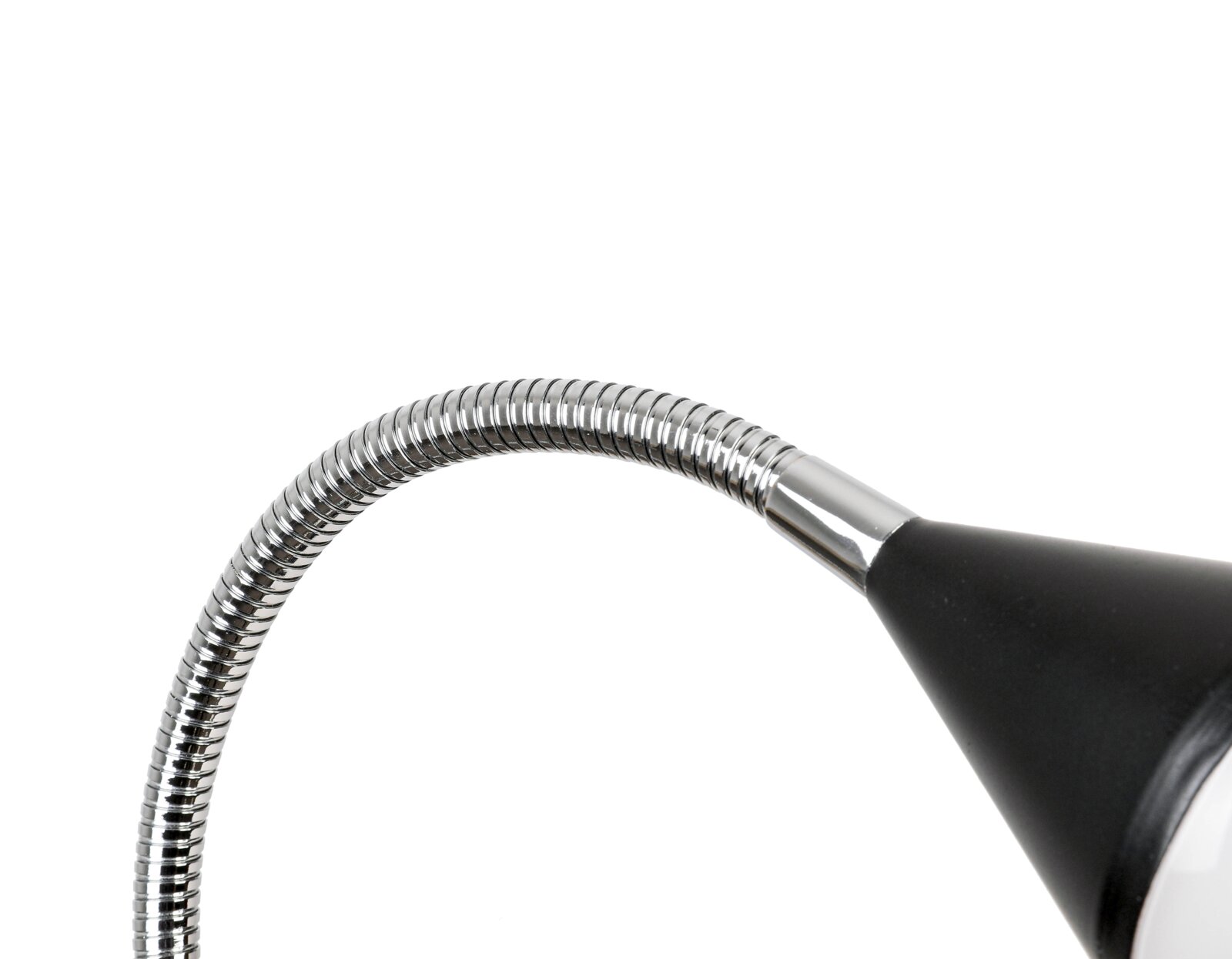 Nahaufnahme einer LED-Klemmleuchte mit flexiblem, metallischem Schwanenhals und schwarzem Lampenschirm.