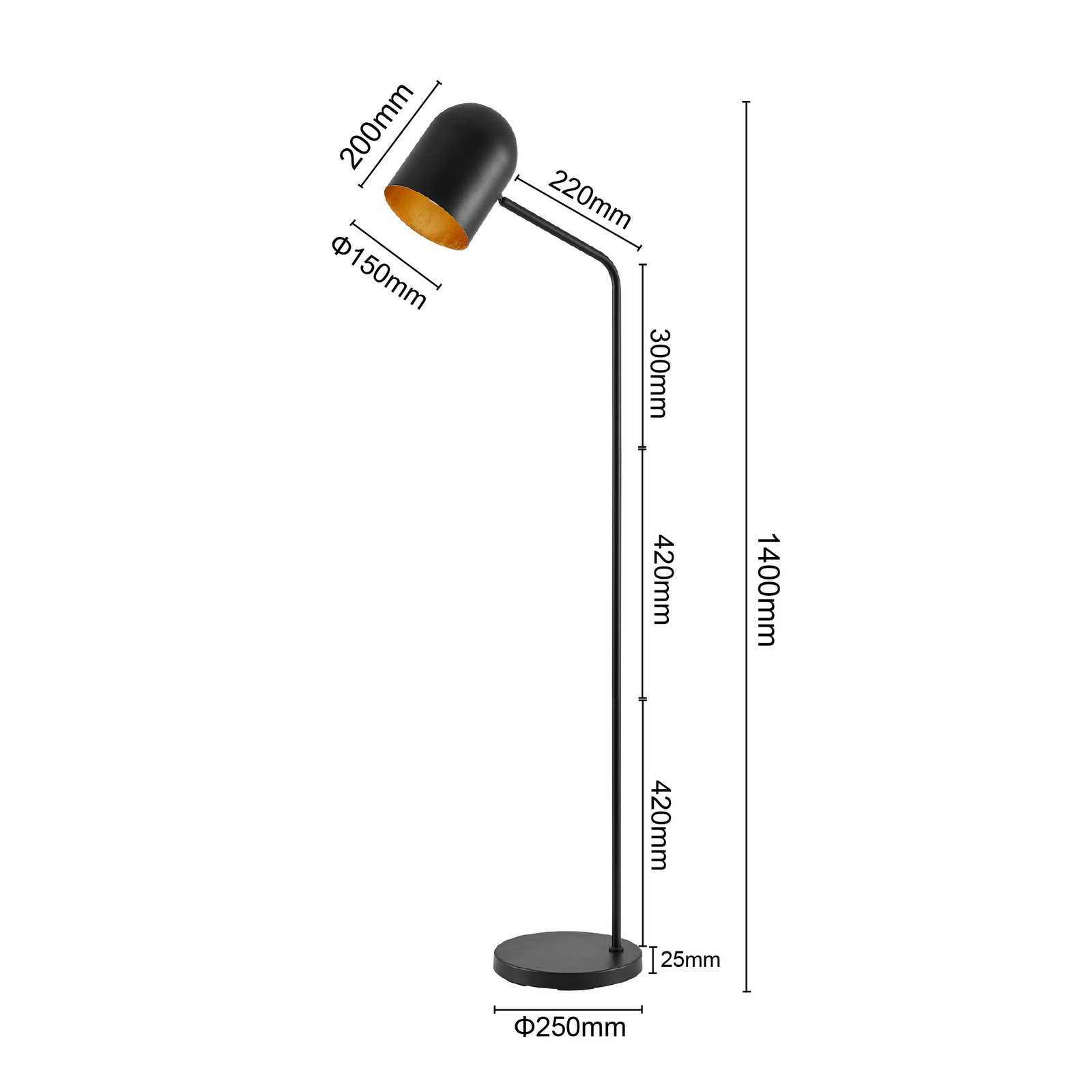 Zwarte staande lamp met gebogen arm en ronde lampenkap, zijaanzicht, afmetingen: hoogte 1400 mm, diameter lampenkap 150 mm, diameter voet 250 mm.