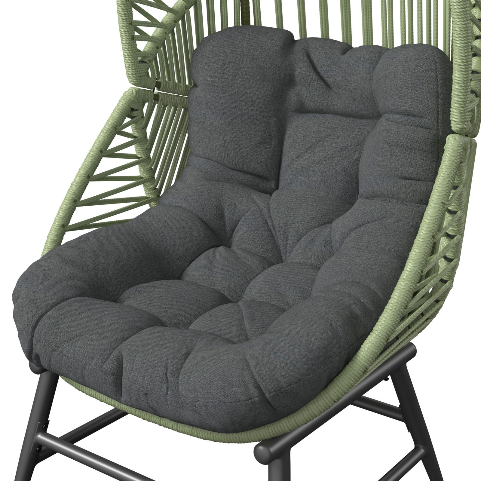 Gartensessel mit grünem Geflecht und grauem, gepolstertem Sitzkissen, seitliche Perspektive