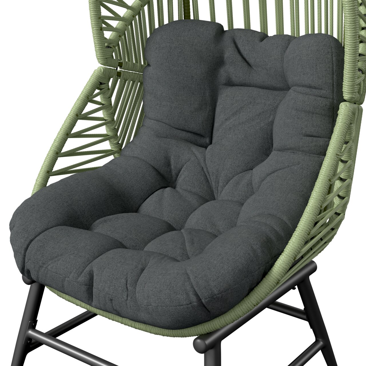 Gartensessel mit grünem Geflecht und grauem, gepolstertem Sitzkissen, seitliche Perspektive