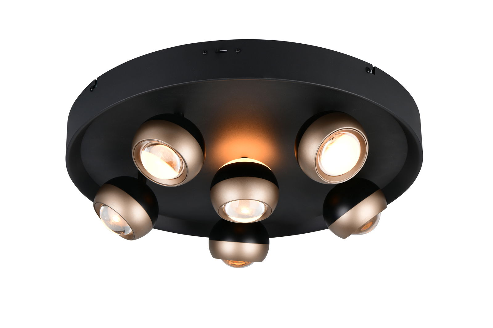 Trio Leuchten Deckenleuchte ORBIT Moderne Deckenleuchte mit fünf runden, verstellbaren Strahlern in Schwarz und Gold, von unten betrachtet.