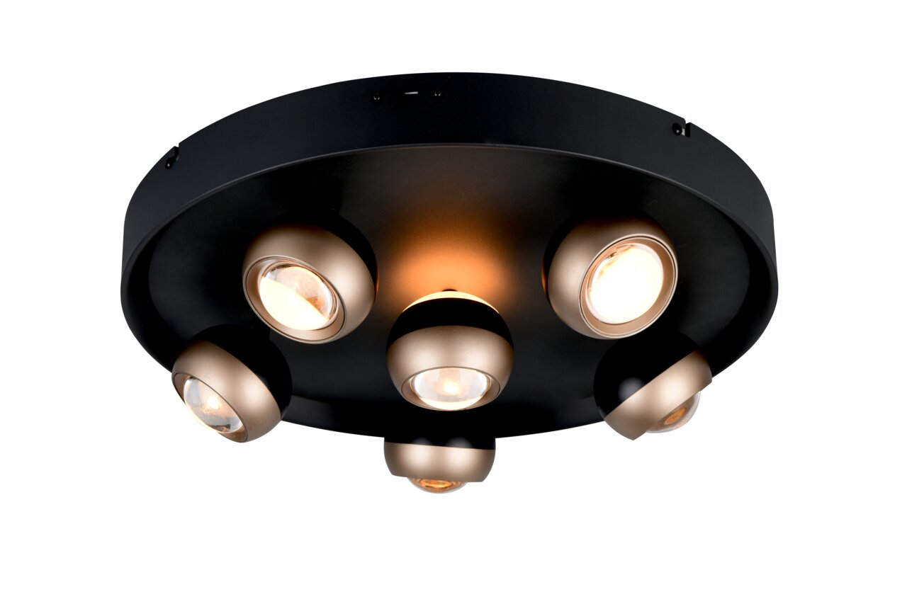 TRIO SELECT Plafondlamp ORBIT Moderne plafondlamp met vijf ronde, verstelbare spotjes in zwart en goud, gezien van onderaf.