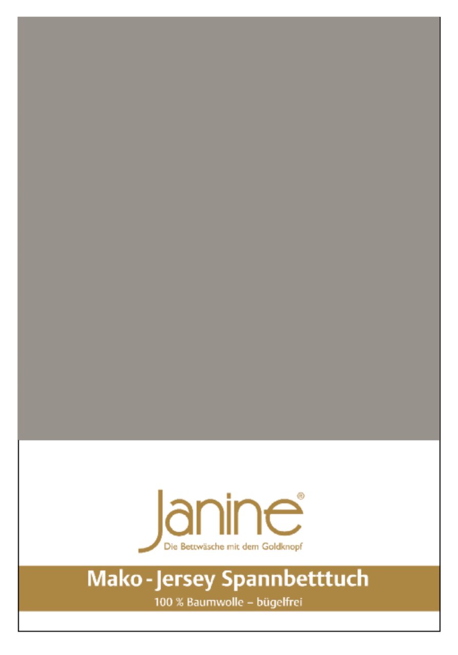 Janine Spannbetttuch JERSEY 100x200cm Verpackung eines Mako-Jersey-Spannbettlakens in der Größe 100x200cm, aus 100% Baumwolle, bügelfrei, Vorderansicht