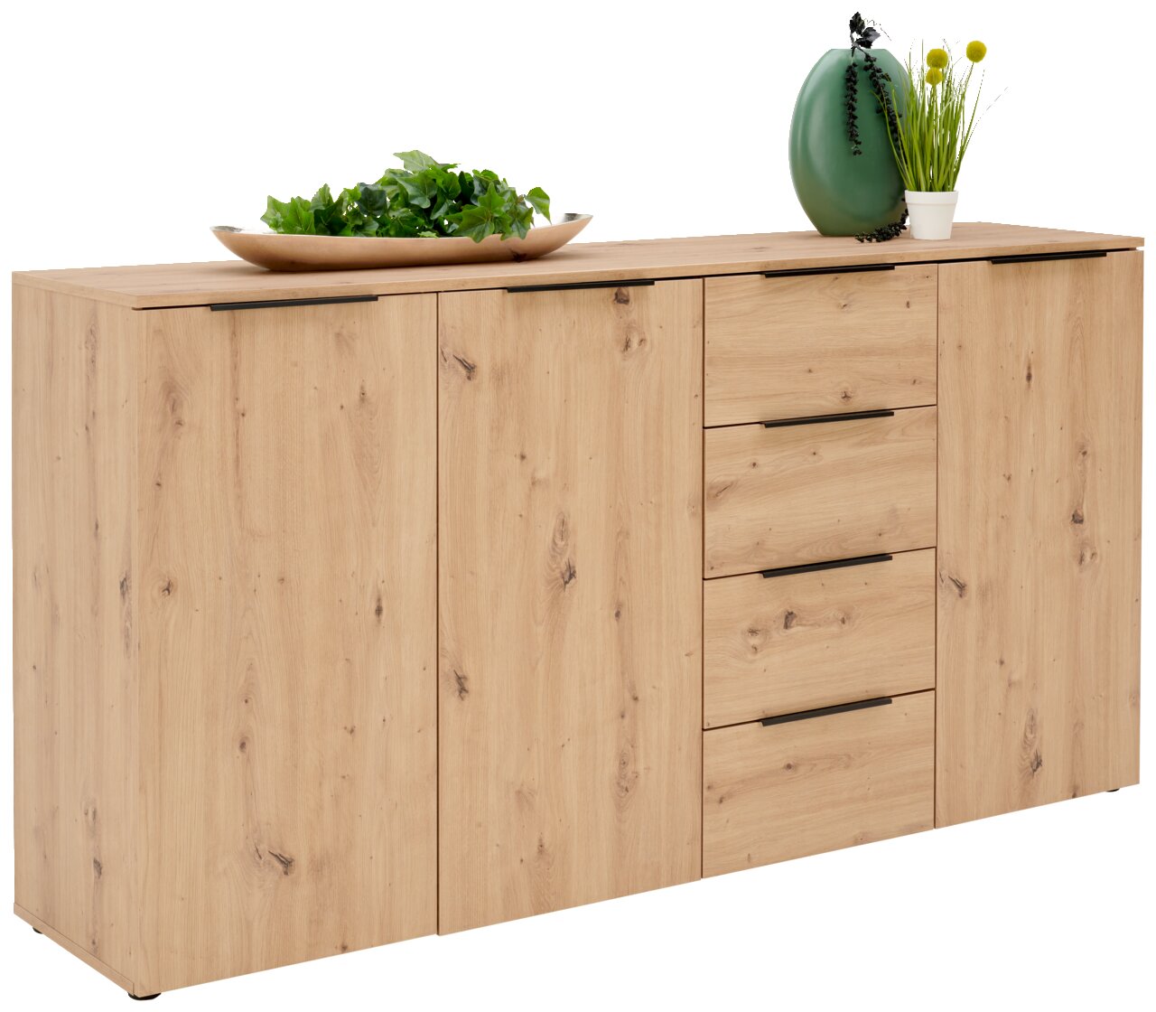 XORA XL-dressoir KERA Holz-XL-Sideboard mit Schubladen und Türen, dekoriert mit einer Schale und einer Vase, seitliche Perspektive