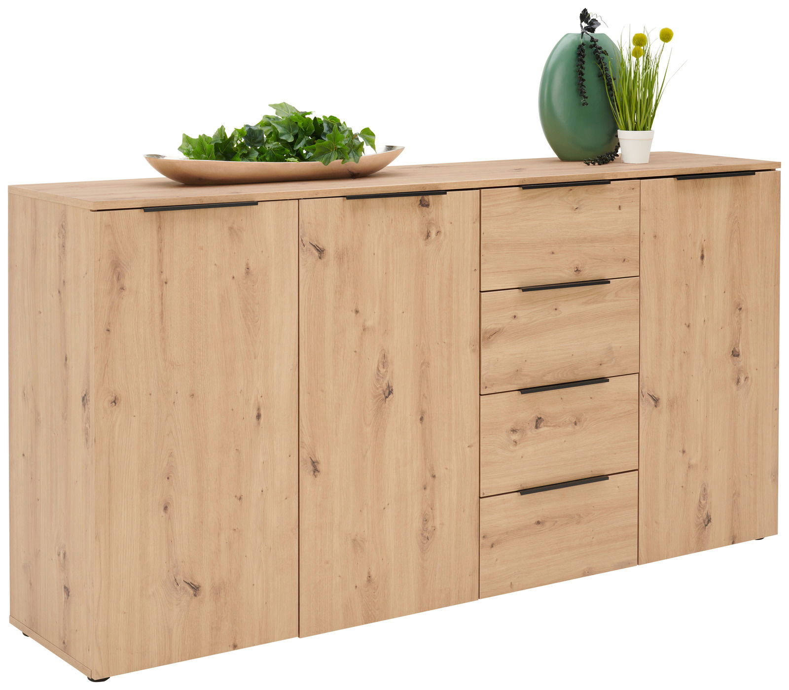 Holz-XL-Sideboard mit Schubladen und Türen, dekoriert mit einer Schale und einer Vase, seitliche Perspektive