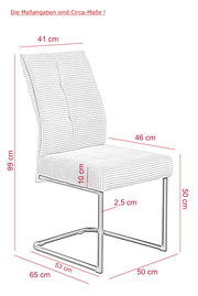 Seitenansicht eines modernen Schwingstuhls mit gestepptem Stoffbezug und Metallgestell, Maße: 99 cm hoch, 65 cm tief, 46 cm breit.
