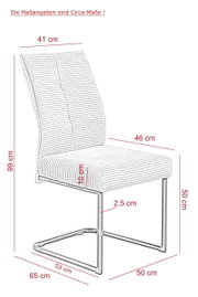 Seitenansicht eines modernen Schwingstuhls mit gestepptem Stoffbezug und Metallgestell, Maße: 99 cm hoch, 65 cm tief, 46 cm breit.
