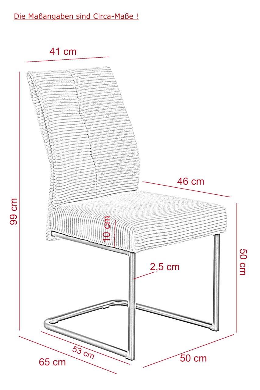 Seitenansicht eines modernen Schwingstuhls mit gestepptem Stoffbezug und Metallgestell, Maße: 99 cm hoch, 65 cm tief, 46 cm breit.
