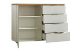 Kommode mit vier offenen Schubladen und zwei offenen Regalfächern, seitliche Perspektive