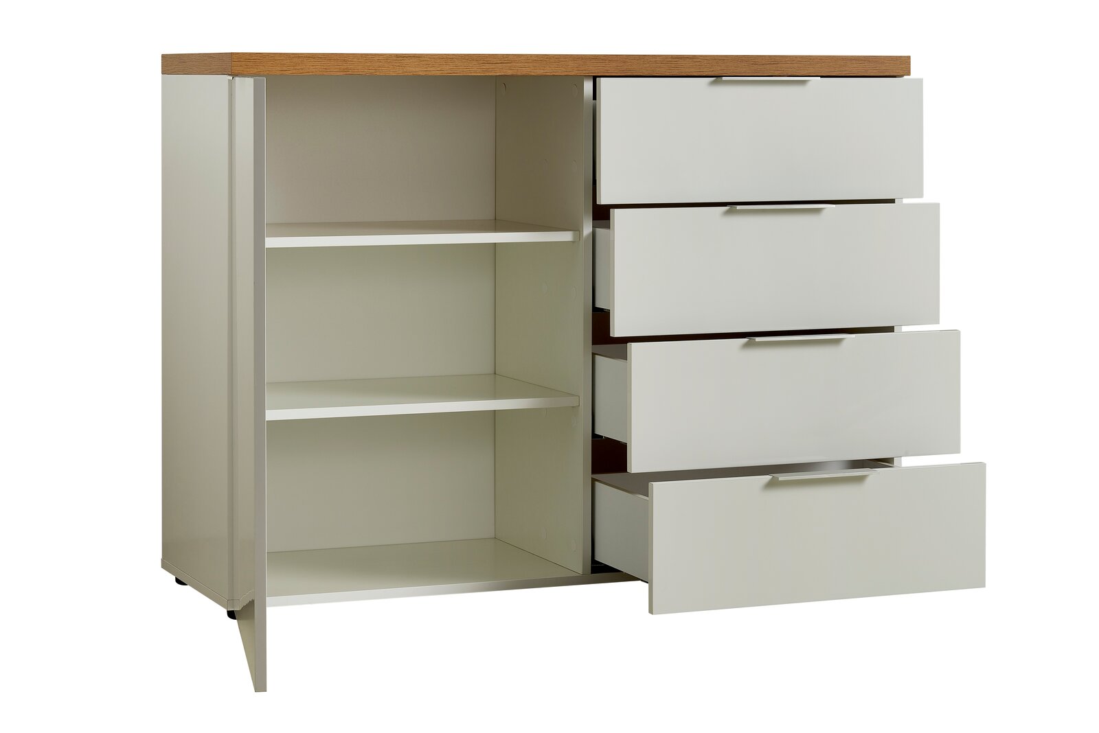 Kommode mit vier offenen Schubladen und zwei offenen Regalfächern, seitliche Perspektive
