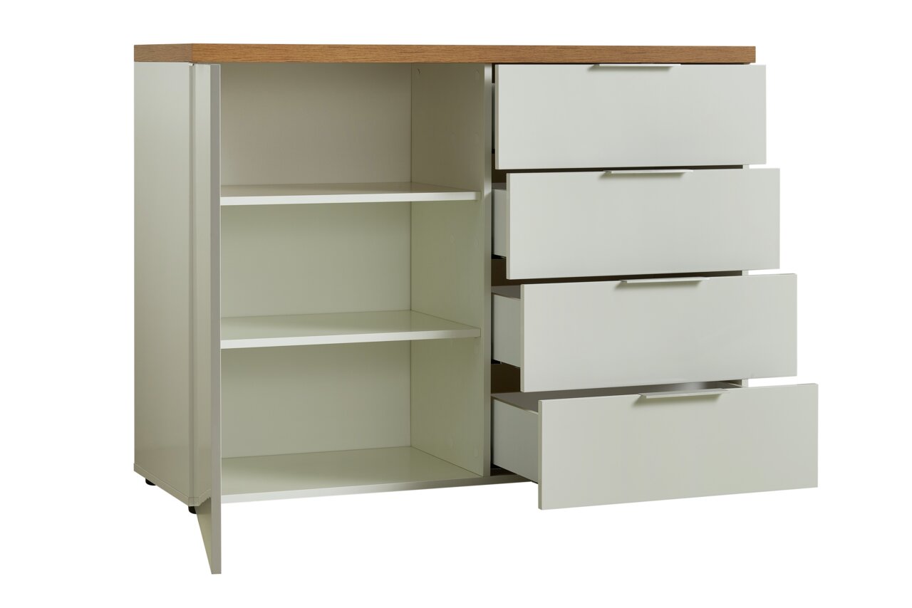 Kommode mit vier offenen Schubladen und zwei offenen Regalfächern, seitliche Perspektive