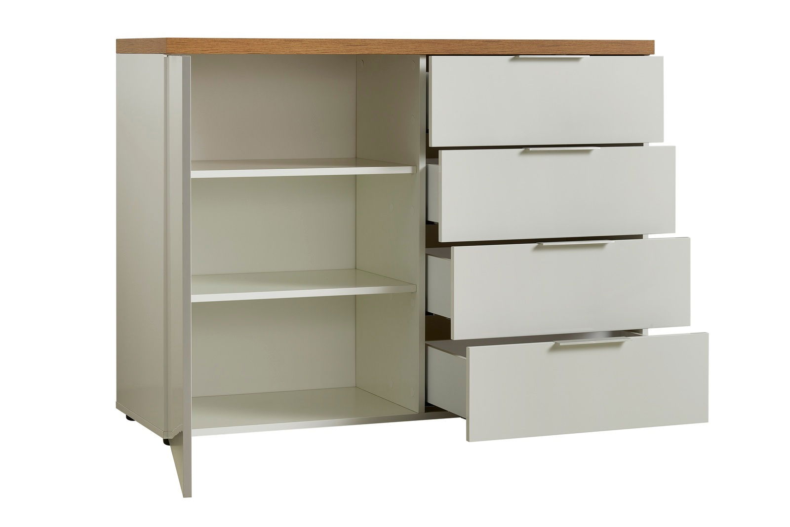 Kommode mit vier offenen Schubladen und zwei offenen Regalfächern, seitliche Perspektive