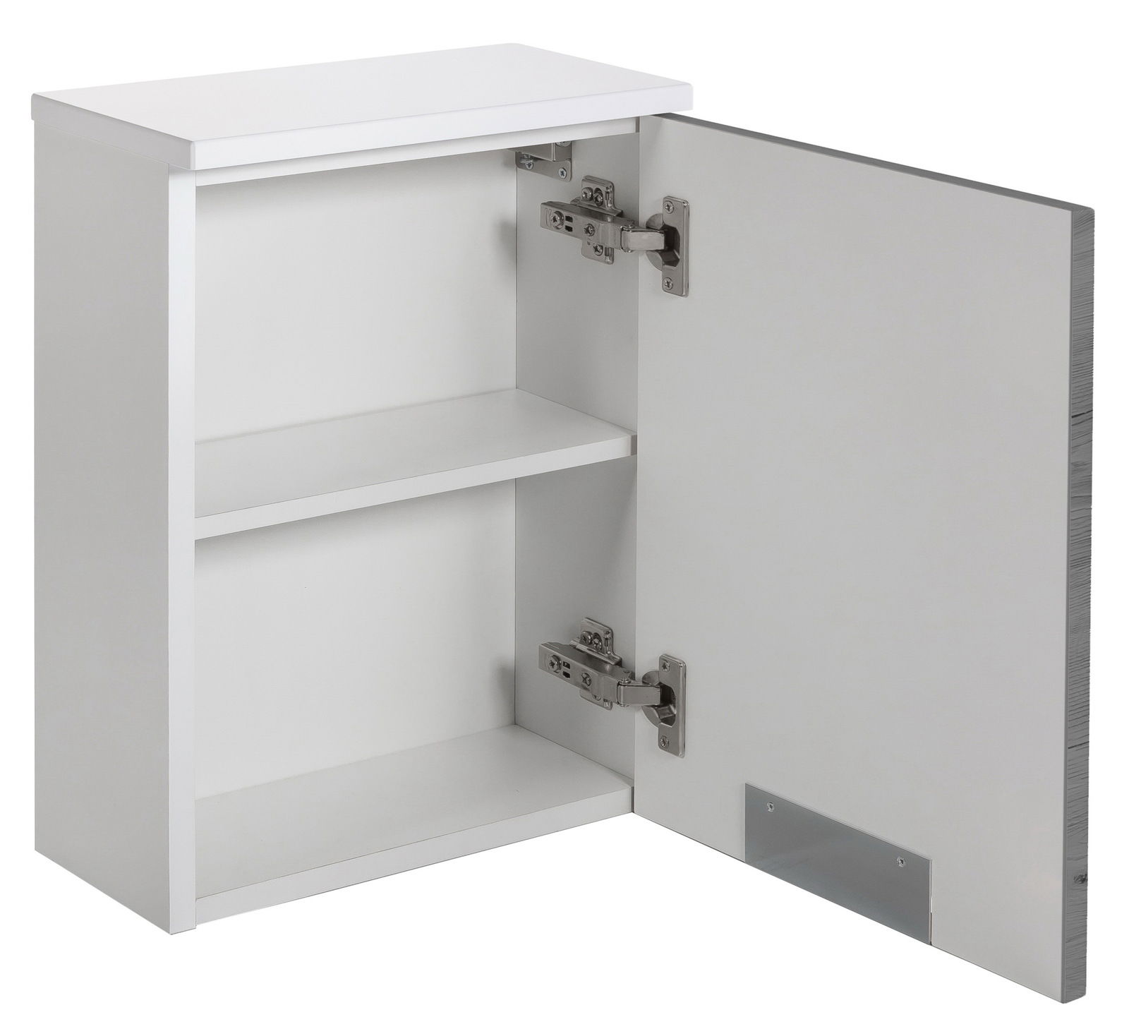 Weißer Oberschrank mit geöffneter Tür, zwei Einlegeböden und sichtbaren Scharnieren, seitliche Perspektive