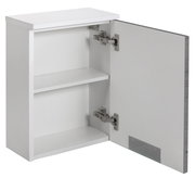 Weißer Oberschrank mit geöffneter Tür, zwei Einlegeböden und sichtbaren Scharnieren, seitliche Perspektive