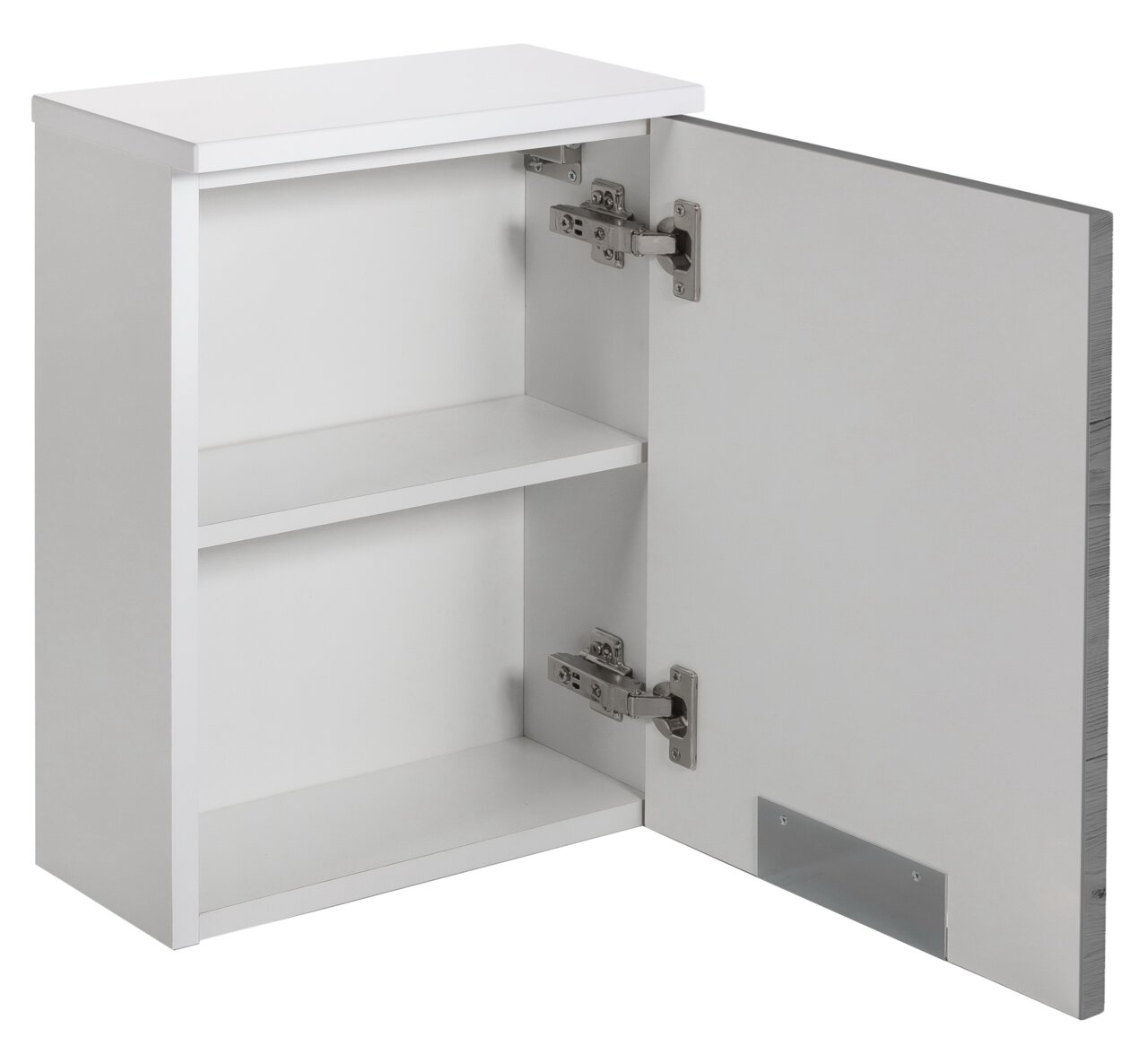 Weißer Oberschrank mit geöffneter Tür, zwei Einlegeböden und sichtbaren Scharnieren, seitliche Perspektive