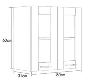 Technische Strichzeichnung eines rechteckigen Wand-Badezimmerschranks mit zwei Türen und Griffen, Maße 80 cm Breite, 60 cm Höhe und 31 cm Tiefe, perspektivische Ansicht schräg von vorne.