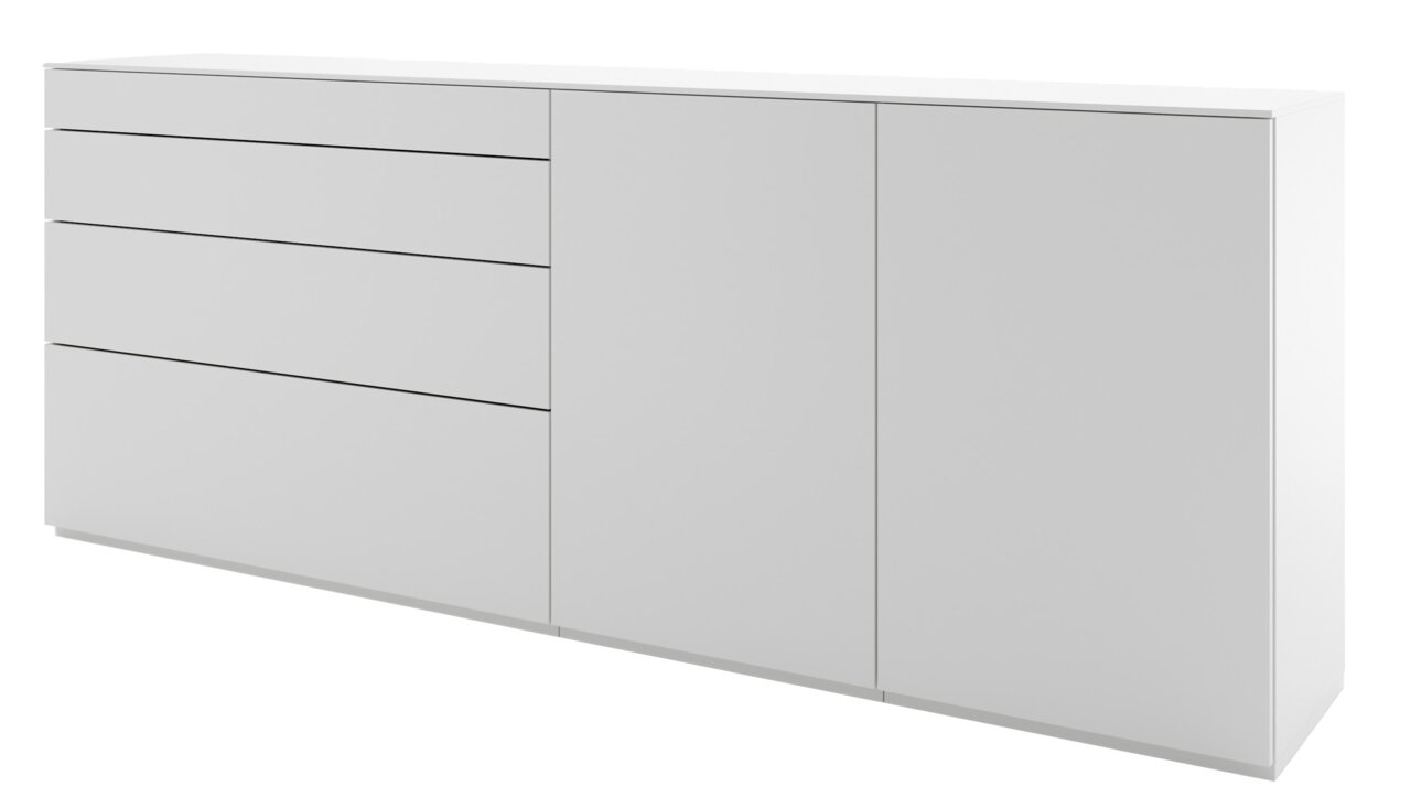 Weiße Sideboardkombination mit vier Schubladen und zwei Türen, seitliche Perspektive