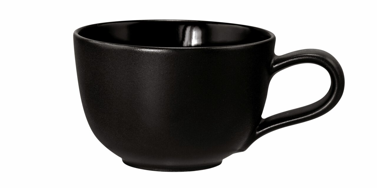 Schwarze Espressotasse mit Henkel, seitliche Perspektive