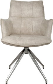 Beiger, gepolsterter Drehstuhl mit Armlehnen und Steppnähten auf Metall-Sternfuß, Frontansicht