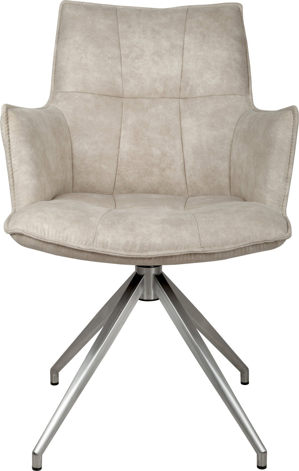 Beiger, gepolsterter Drehstuhl mit Armlehnen und Steppnähten auf Metall-Sternfuß, Frontansicht