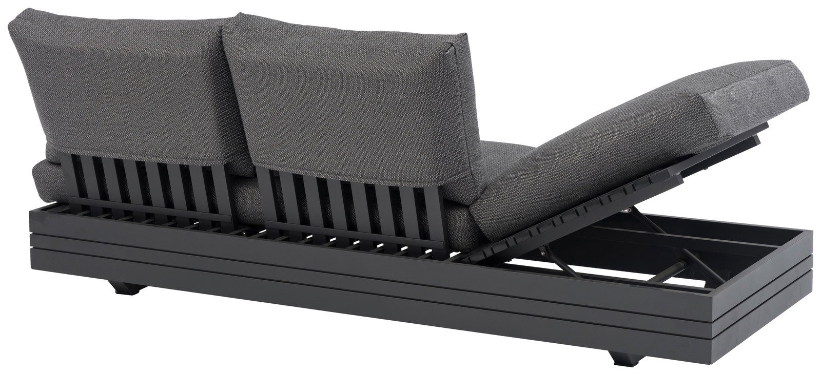 Rückansicht eines 3-Sitzer Loungeelements mit verstellbarer Rückenlehne in grauem Stoffbezug.