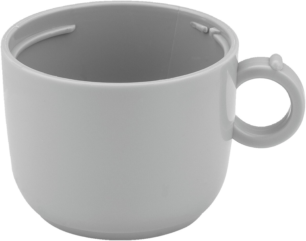 Grauer Kunststoffbecher mit Henkel, seitliche Perspektive