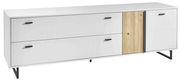 TV-Lowboard in modernem Design mit weißer Oberfläche und Holzelementen, seitliche Perspektive
