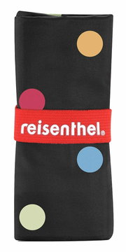 Gefaltete schwarze Einkaufstasche mit bunten Punkten und rotem Band mit der Aufschrift 'reisenthel', Vorderansicht
