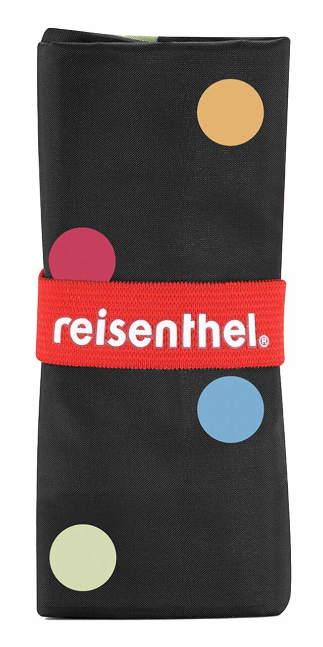 Gefaltete schwarze Einkaufstasche mit bunten Punkten und rotem Band mit der Aufschrift 'reisenthel', Vorderansicht