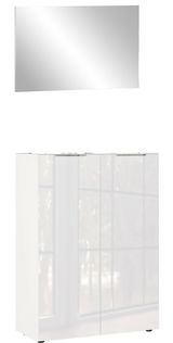 Garderobe Set 1 bestehend aus einem rechteckigen Wandspiegel und einem weißen Schrank mit zwei Türen, frontal abgebildet.