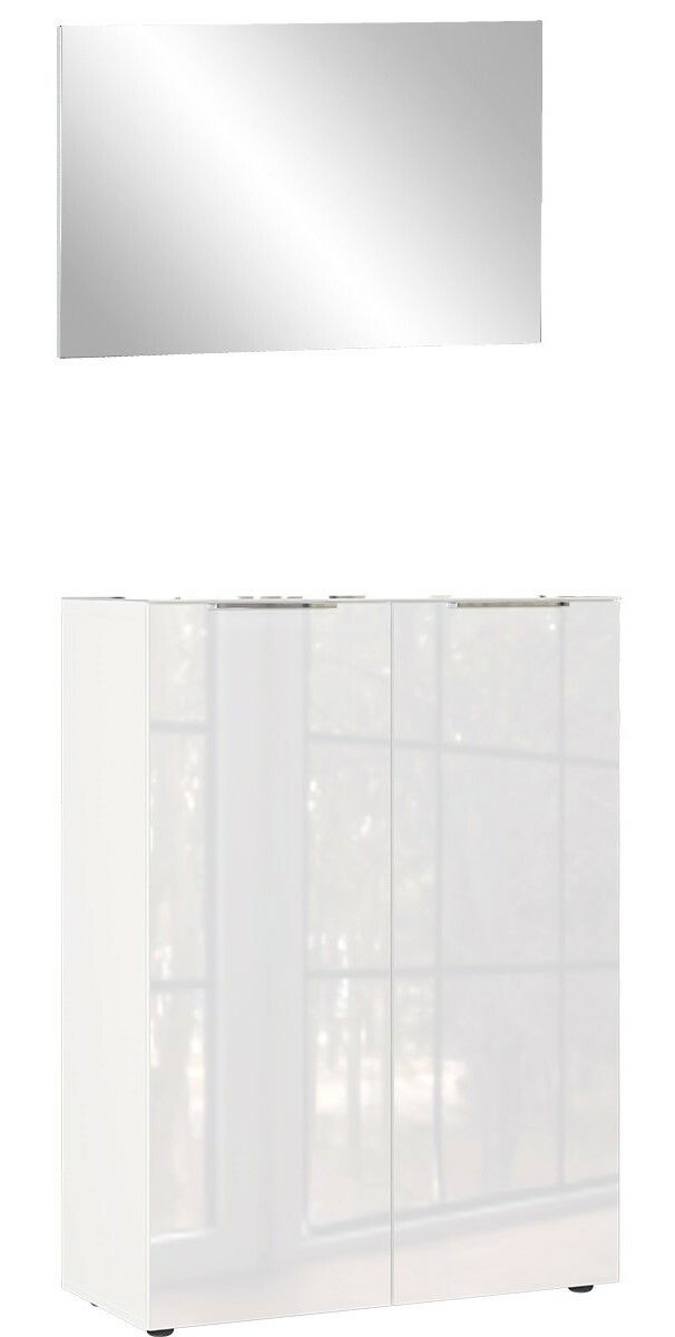 Garderobe Set 1 bestehend aus einem rechteckigen Wandspiegel und einem weißen Schrank mit zwei Türen, frontal abgebildet.