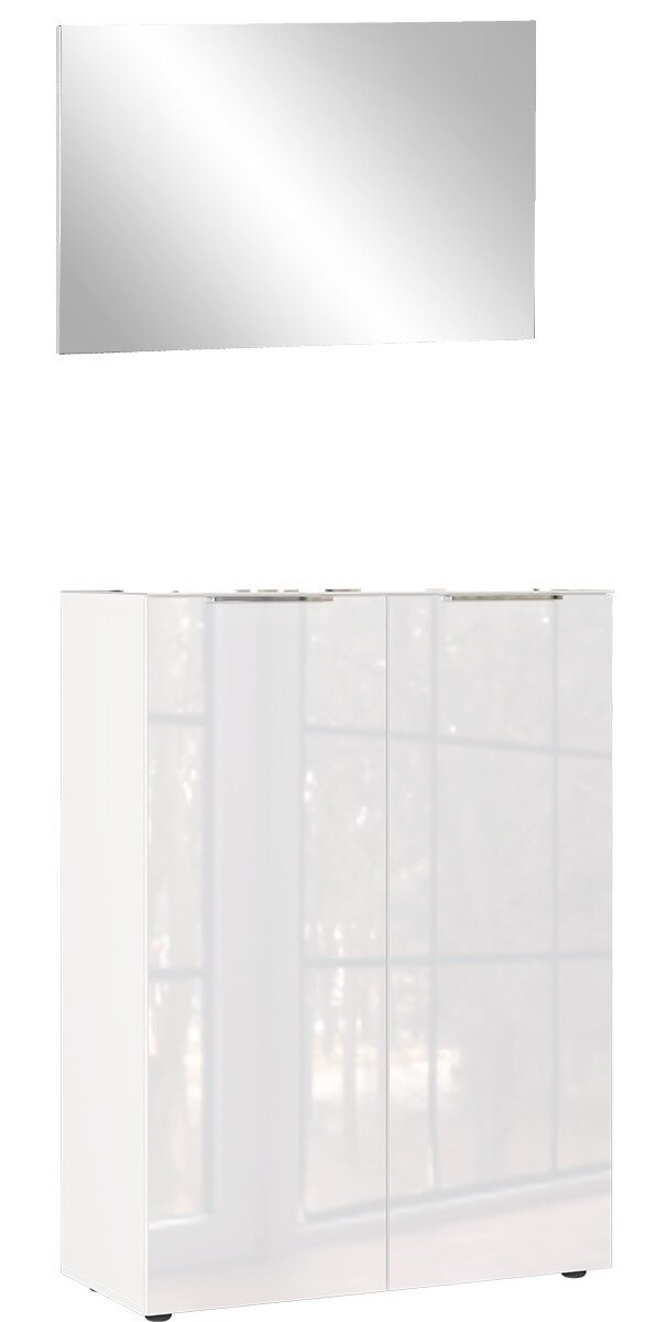 MID.YOU Garderoben-Set GENOVA Garderobe Set 1 bestehend aus einem rechteckigen Wandspiegel und einem weißen Schrank mit zwei Türen, frontal abgebildet.