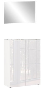 Garderobe Set 1 bestehend aus einem rechteckigen Wandspiegel und einem weißen Schrank mit zwei Türen, frontal abgebildet.