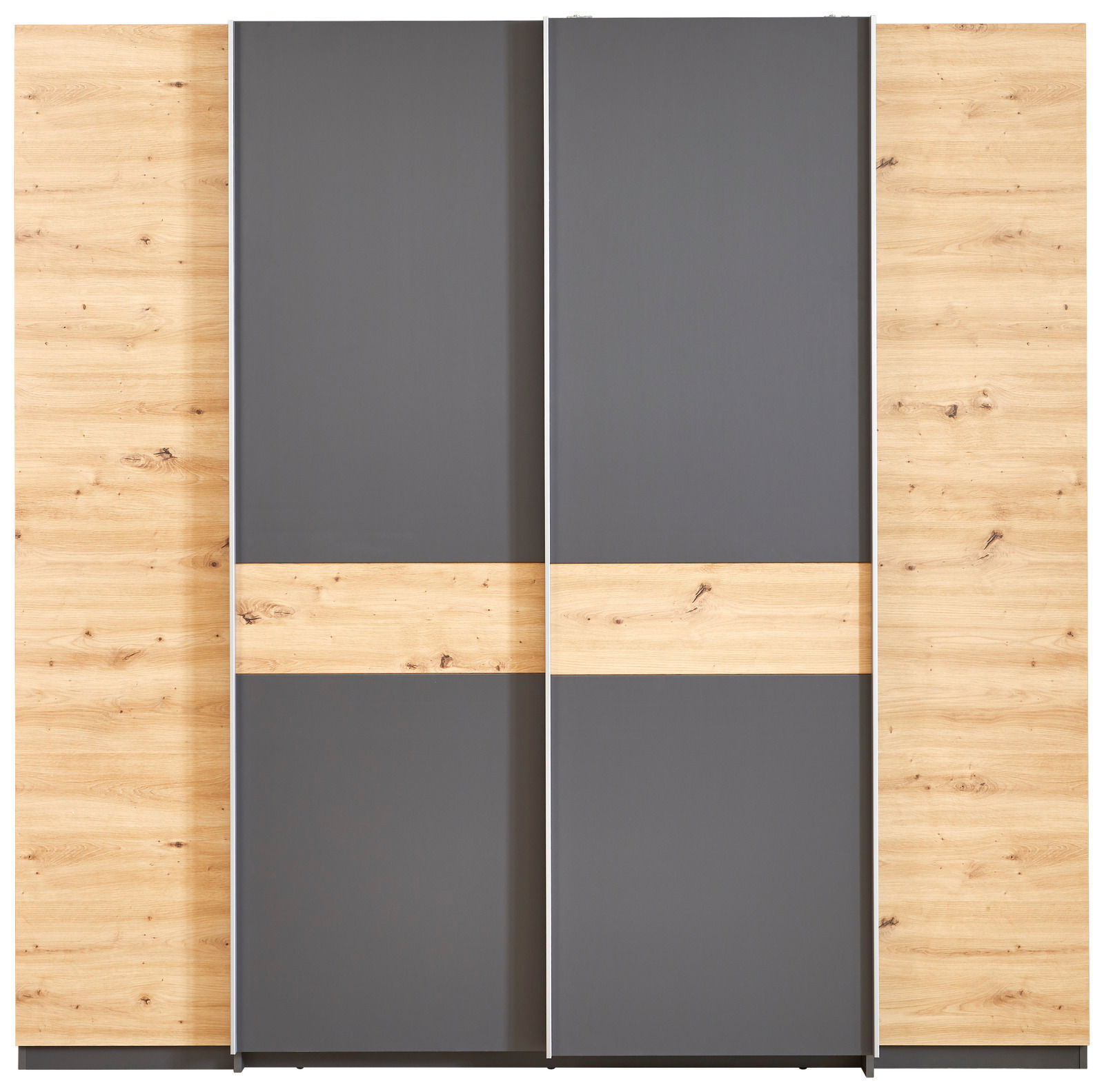 Moderner Dreh- und Schwebetürenschrank mit vier Türen in Holzoptik und grauen Elementen, Frontalansicht.