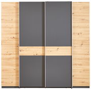 Moderner Dreh- und Schwebetürenschrank mit vier Türen in Holzoptik und grauen Elementen, Frontalansicht.