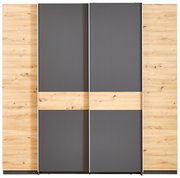 Moderner Dreh- und Schwebetürenschrank mit vier Türen in Holzoptik und grauen Elementen, Frontalansicht.