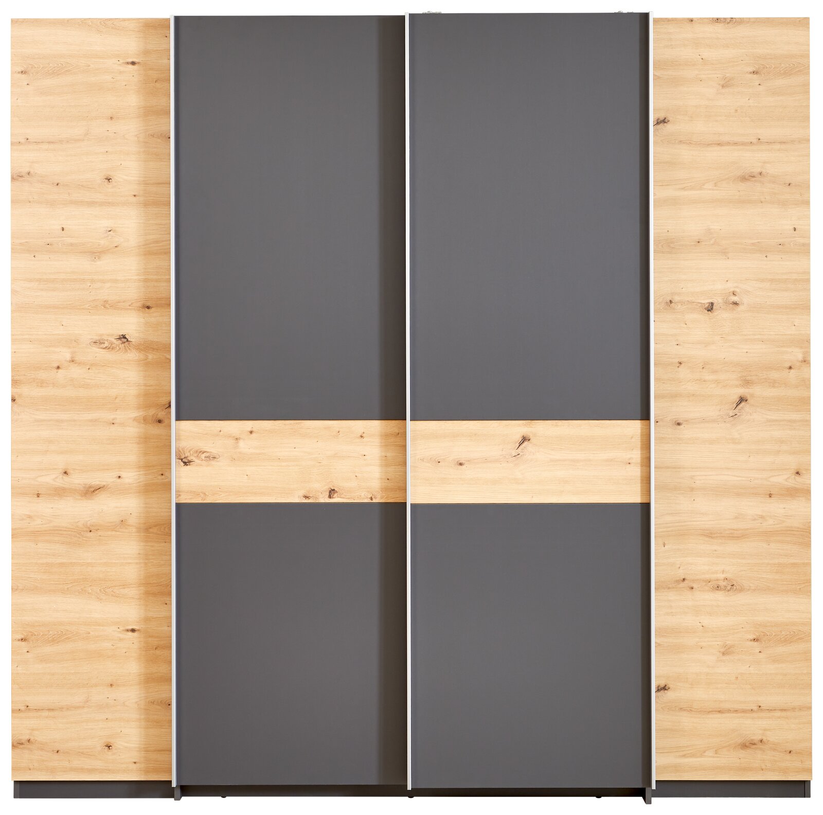 Moderner Dreh- und Schwebetürenschrank mit vier Türen in Holzoptik und grauen Elementen, Frontalansicht.