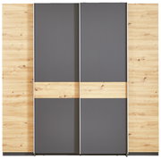 Moderner Dreh- und Schwebetürenschrank mit vier Türen in Holzoptik und grauen Elementen, Frontalansicht.
