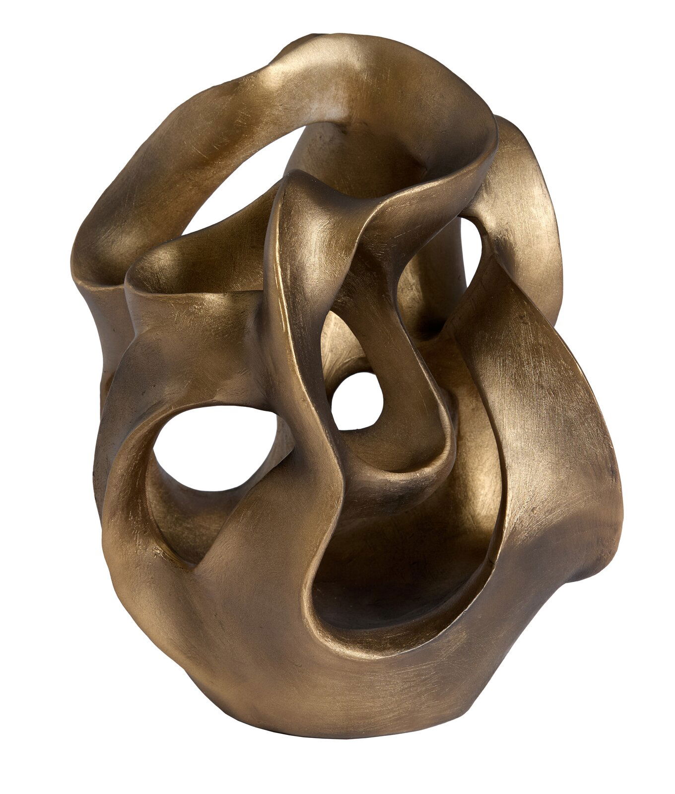 Abstraktes, goldfarbenes Ornament mit geschwungenen Formen, aus der Vorderansicht fotografiert.