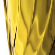 Nahaufnahme eines gelben Trinkglases mit verdrehtem Design, seitliche Perspektive