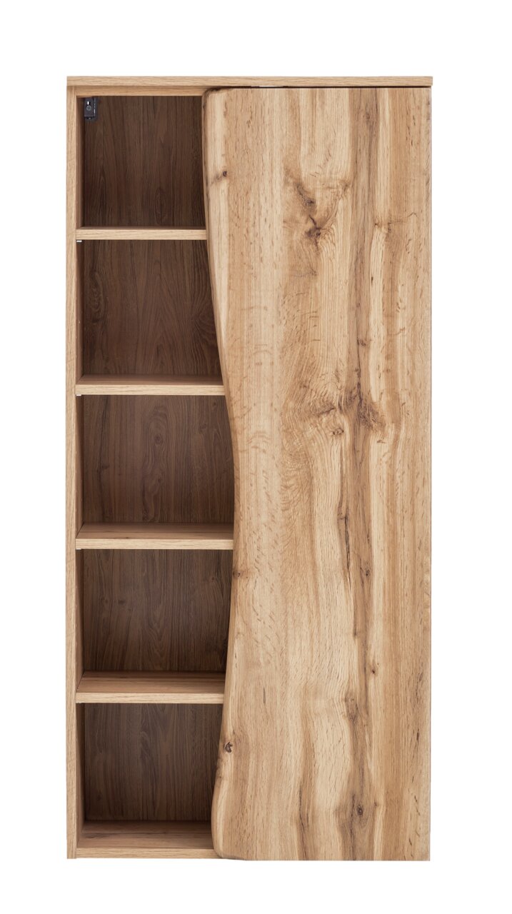 Vooraanzicht van een houten midikast met één deur en meerdere open planken.